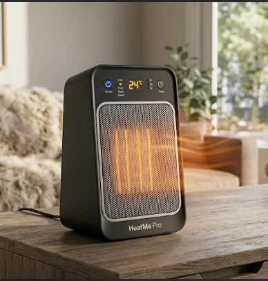HeatMe Pro Personal-Area Heater on a timber table showing the digital temperature display