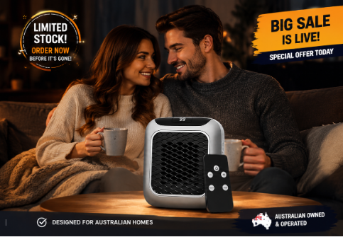 Couple staying warm with the HeatMe Pro Personal-Area Heater, designed for Australian homes
